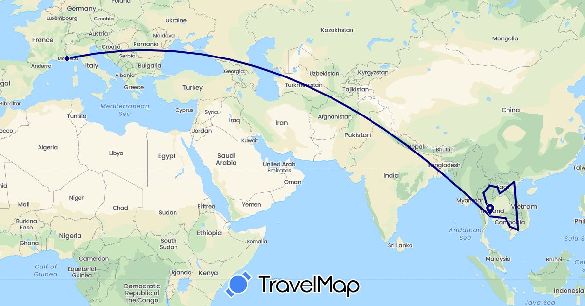 TravelMap itinerary: driving in France, Cambodia, Laos, Thailand, Vietnam (Asia, Europe)
